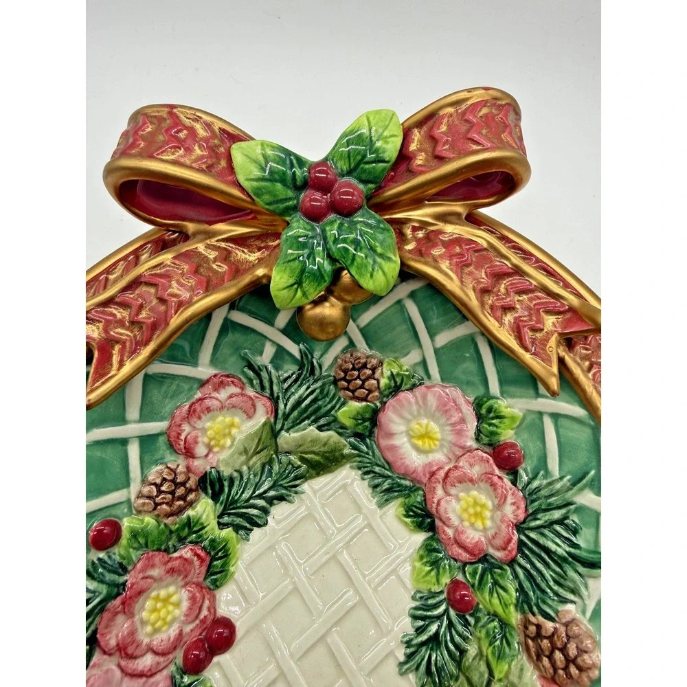 Fitz And Floyd Christmas Wreath Green Oval Bowl Porcelain Collector Plate